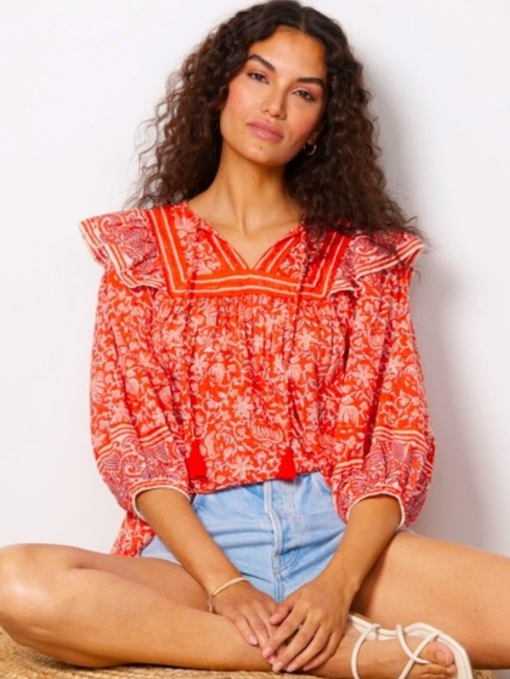 Cleobella Mylah Blouse Floral Block Printed Organic Cotton Tassels Ruffles